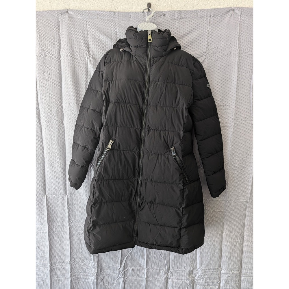 Andrew Marc Women Black Stretch Puffer Coat Hooded Faux Fur Trim XL
